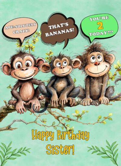 Sister 2nd Kids Birthday Card (Funny Shocked Monkey Cartoon)