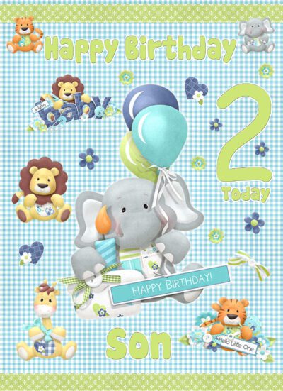 Son 2nd Kids Birthday Card (Baby Elephant Cartoon)