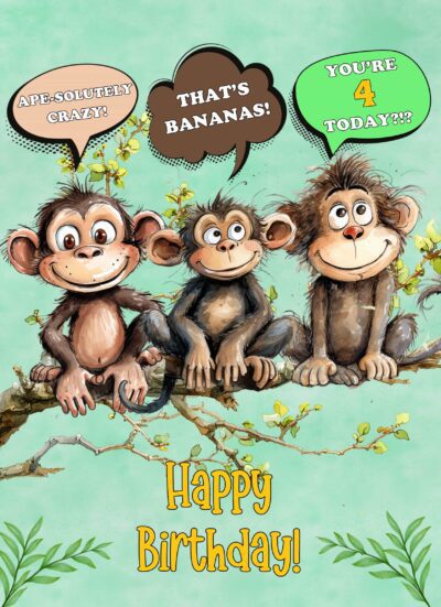 4th Kids Birthday Card (Funny Shocked Monkey Cartoon)