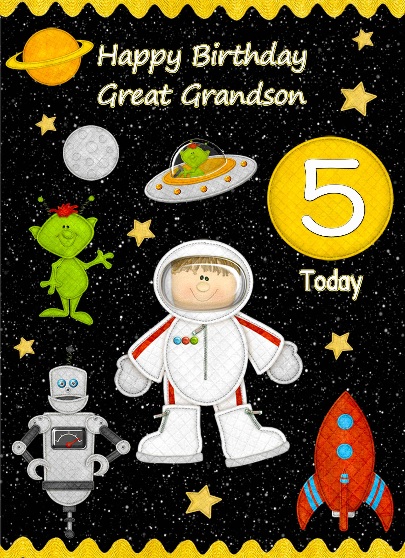 Great Grandson 5th Kids Birthday Card (Space Astronaut Cartoon) - great20grandson205 6 3 Great Grandson 5th Kids Birthday Card (Space Astronaut Cartoon)