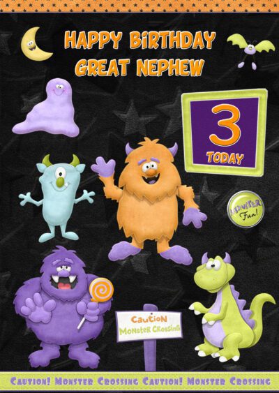 Great Nephew 3rd Kids Birthday Card (Monsters Cartoon)