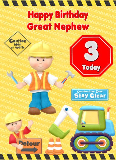 Great Nephew 3rd Kids Birthday Card (Builder Cartoon)
