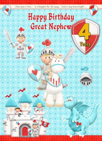 Great Nephew 4th Kids Birthday Card (Brave Knight Cartoon)
