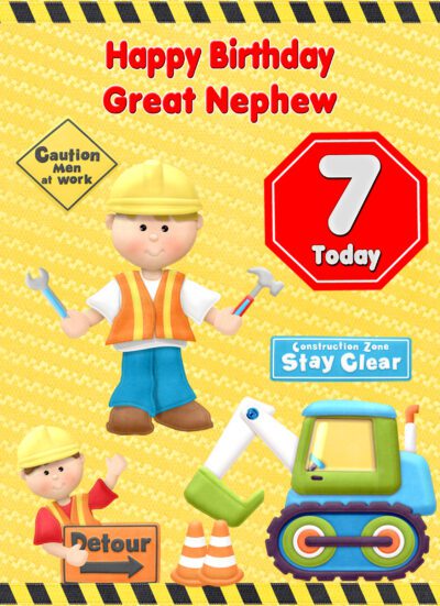 Great Nephew 7th Kids Birthday Card (Builder Cartoon)